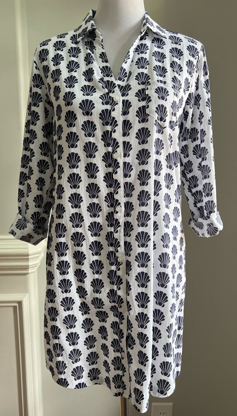 Talbots Tunic Dress Swim Cover Seashells Top Beach Summer Roll Tab Sleeves XS